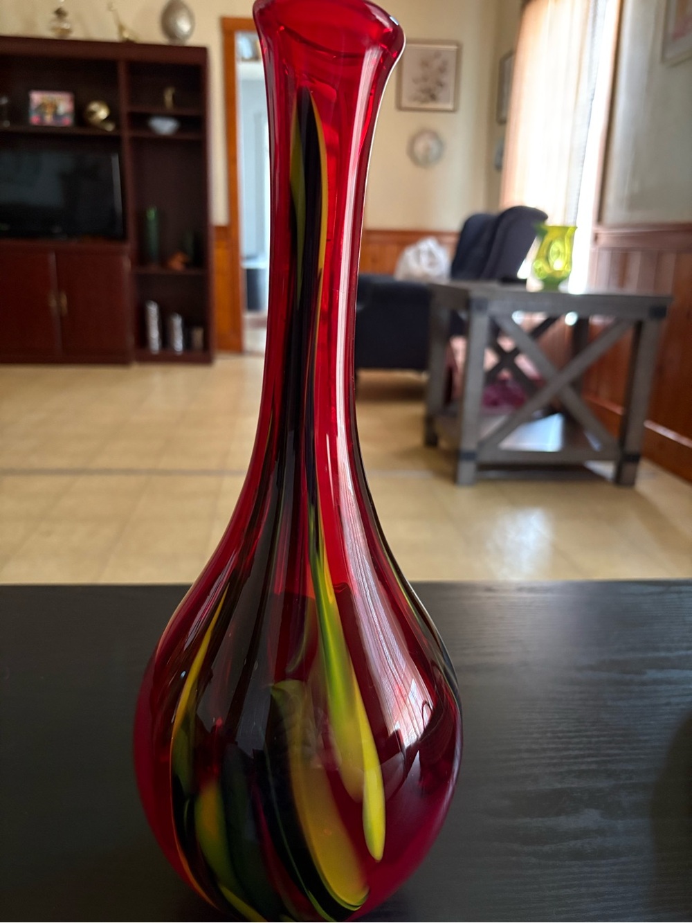 Pier 1 Imports Red Blown Glass Vase with Yellow, Green & Black Swirl